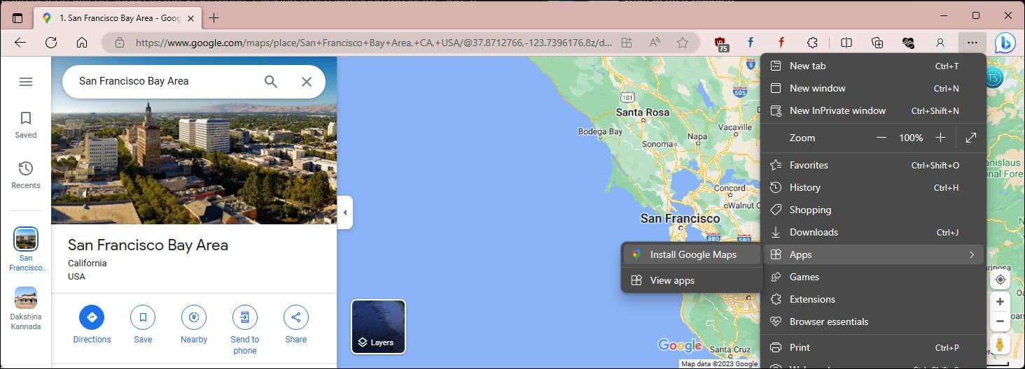 Процесс установки Google Maps в Edge: меню с пунктом установки приложения