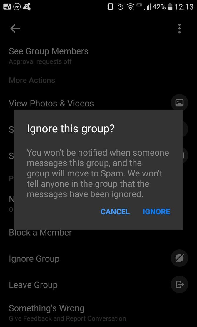 Подтверждение игнорирования группы в Messenger