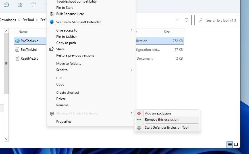 Опция Добавить исключение через контекстное меню