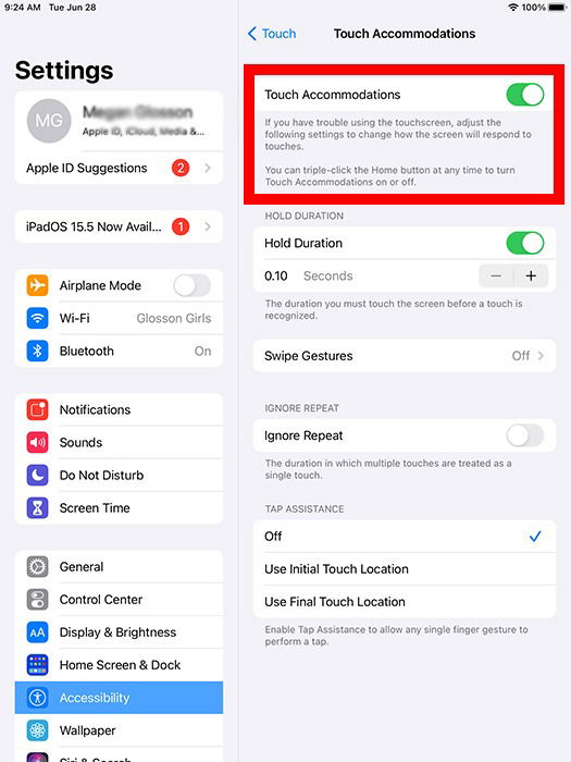 Параметры Touch Accommodations