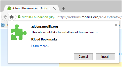 Подтверждение установки расширения в Firefox