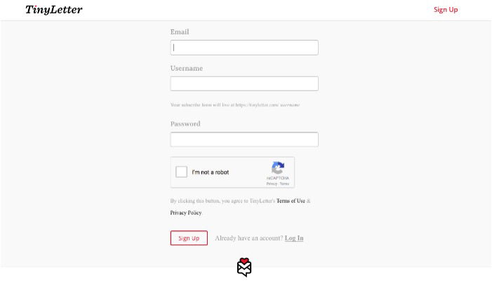 Ввод учётных данных при регистрации TinyLetter
