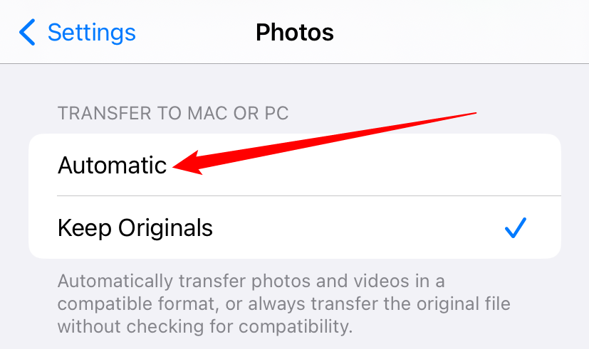 Выберите опцию «Автоматически» в настройках Фото на iPhone, чтобы при переносе снимки конвертировались в JPEG.