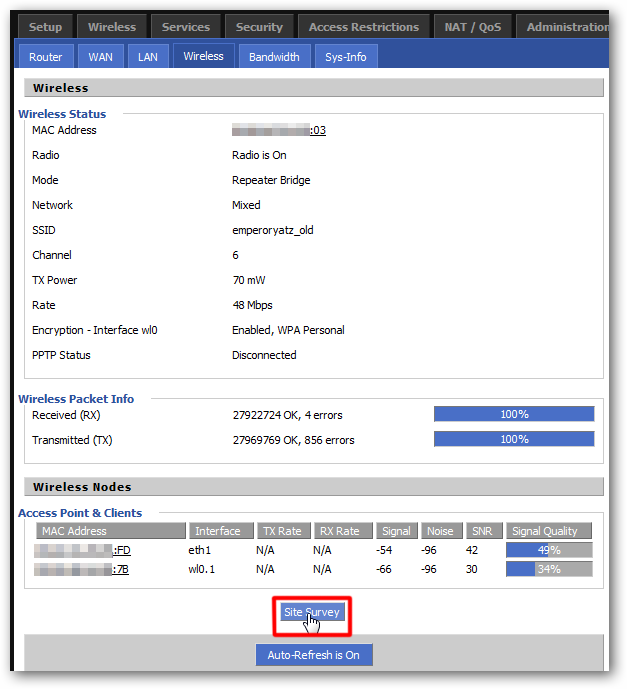 Страница состояния беспроводной сети в DD‑WRT