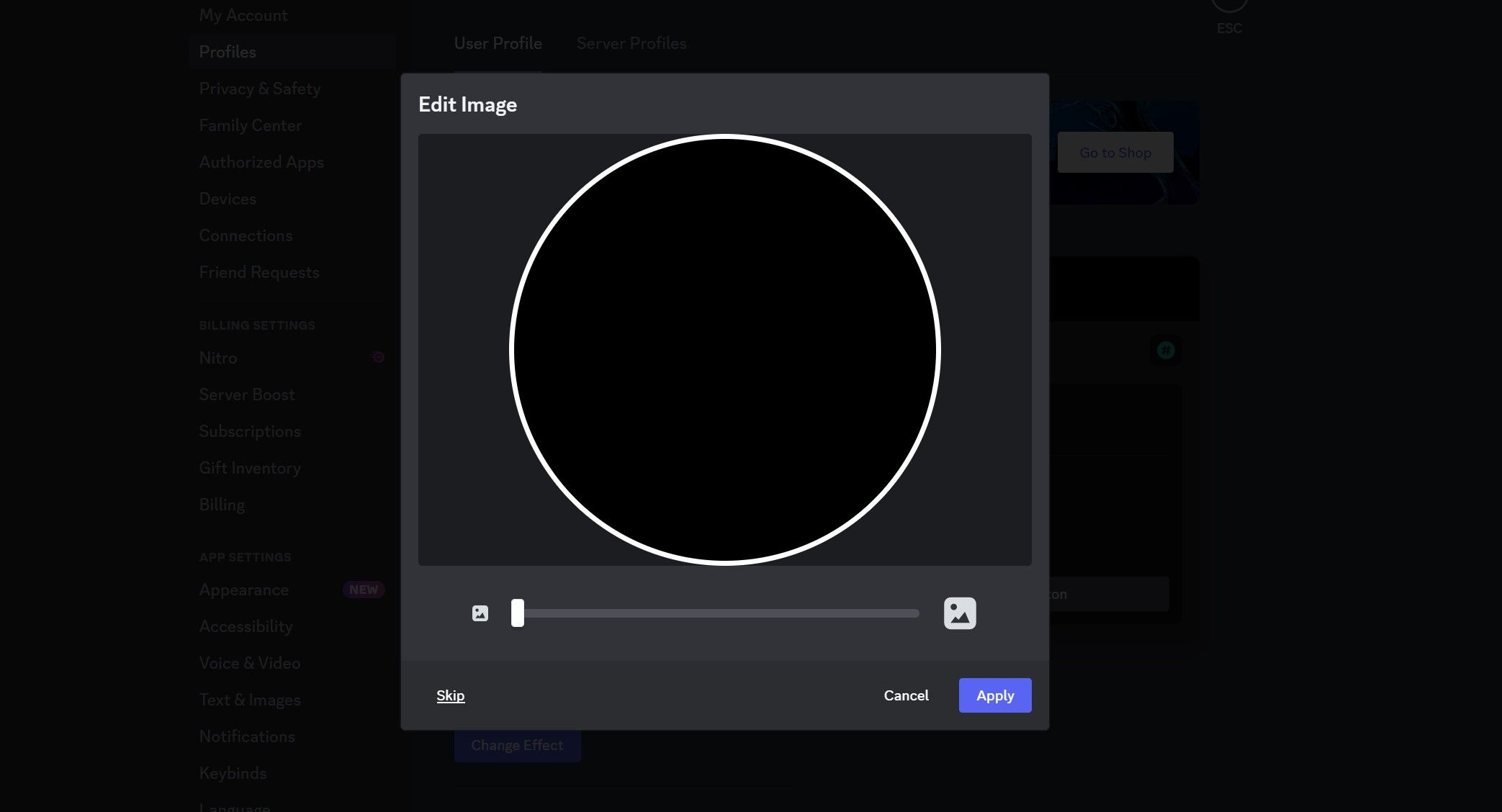 Пропуск окна редактирования изображения при смене аватара