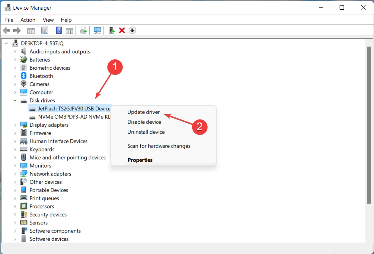 Контекстное меню с Update driver