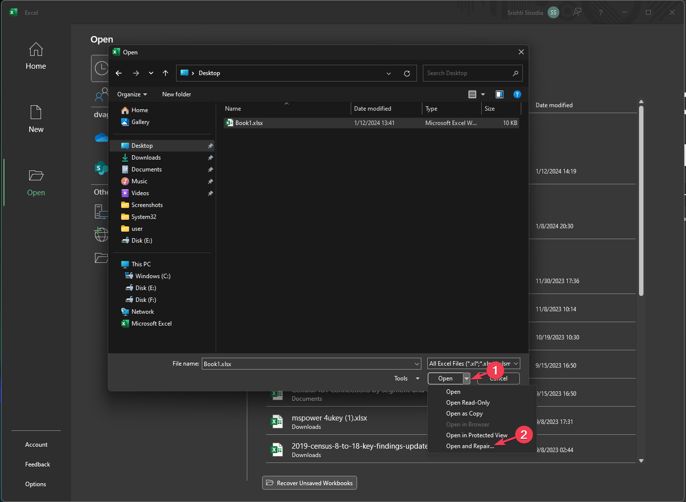 Открыть и восстановить