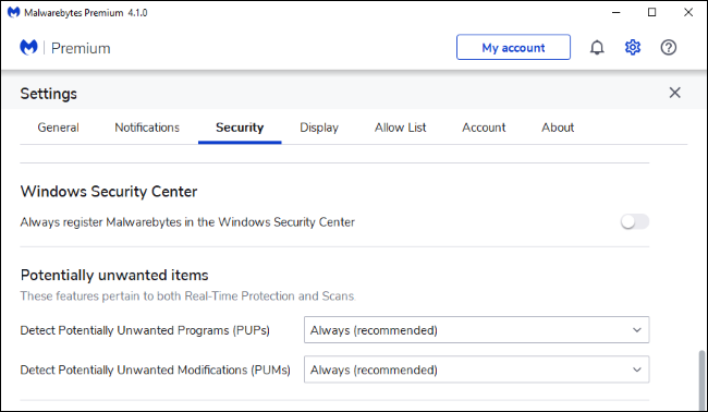 Настройка Malwarebytes Premium чтобы не регистрироваться в Windows Security Center