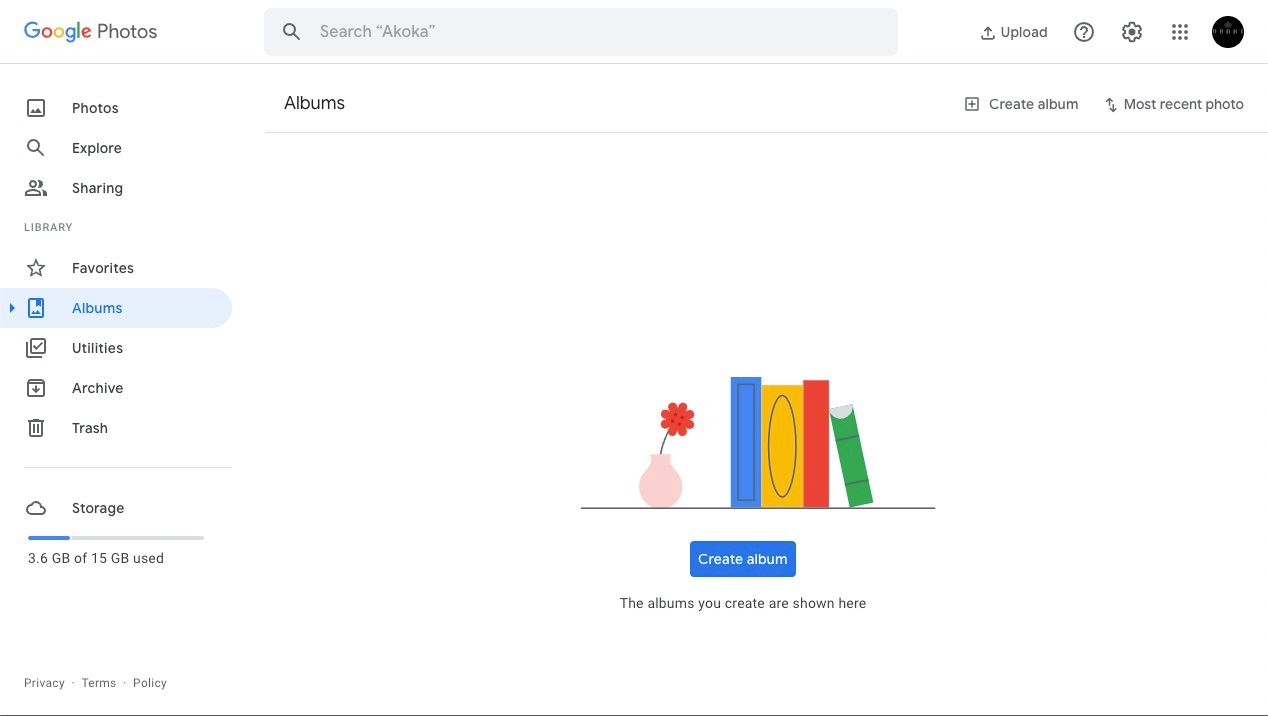Страница «Альбомы» в веб-версии Google Фото