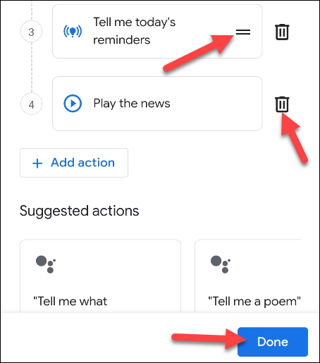 Удалите или переместите действия и нажмите