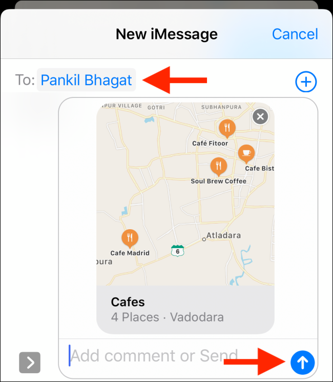 Выберите контакт и нажмите кнопку отправки