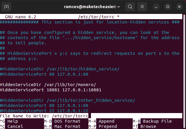 Изображение: пример вставленной конфигурации HiddenServiceDir для Monero в torrc