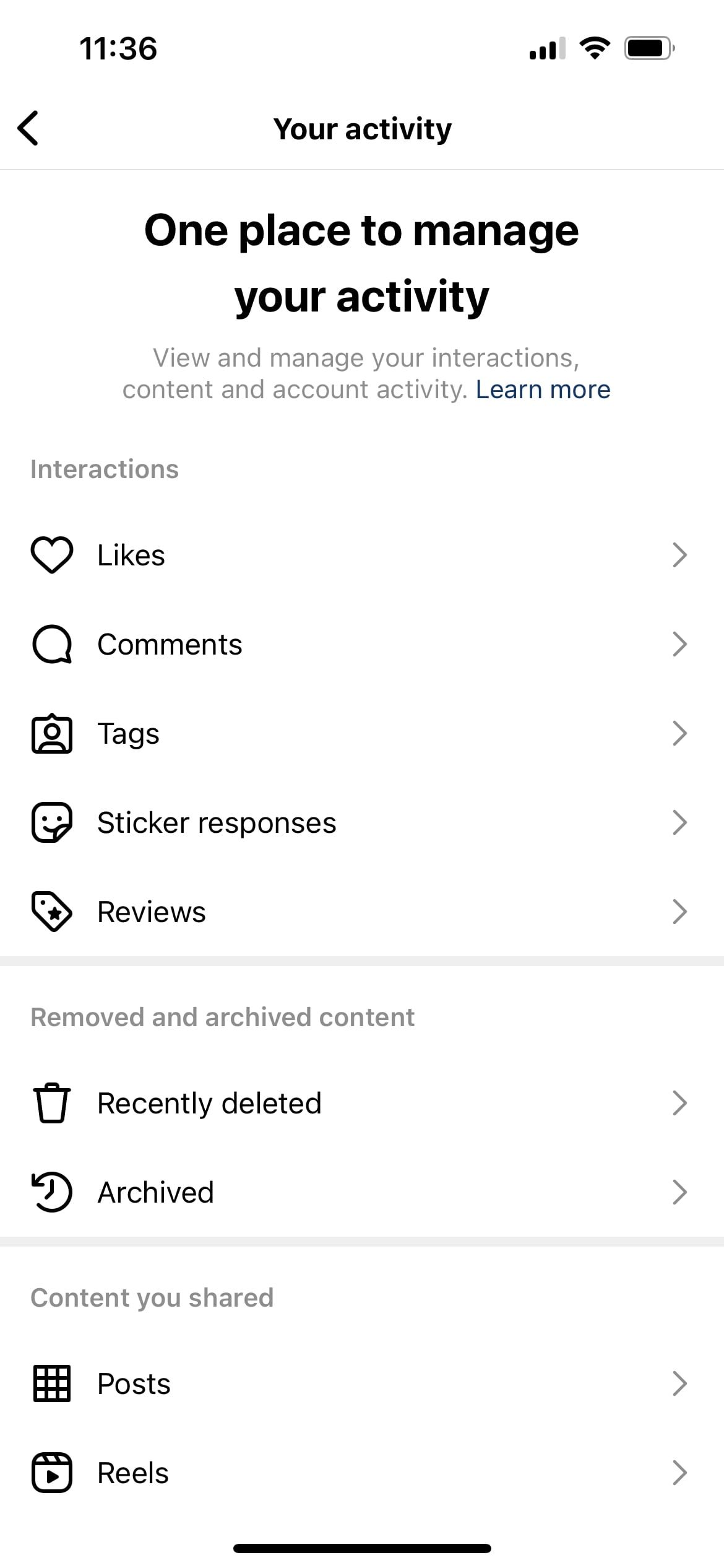 Вкладка «Ваша активность» в Instagram