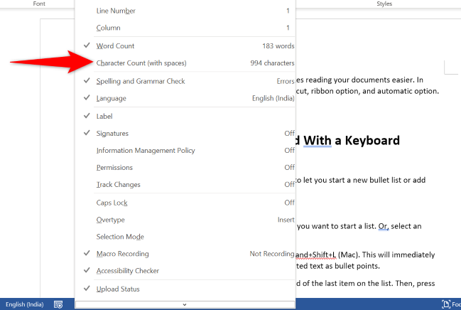 Выбор «Подсчёт символов (с пробелами)» в контекстном меню
