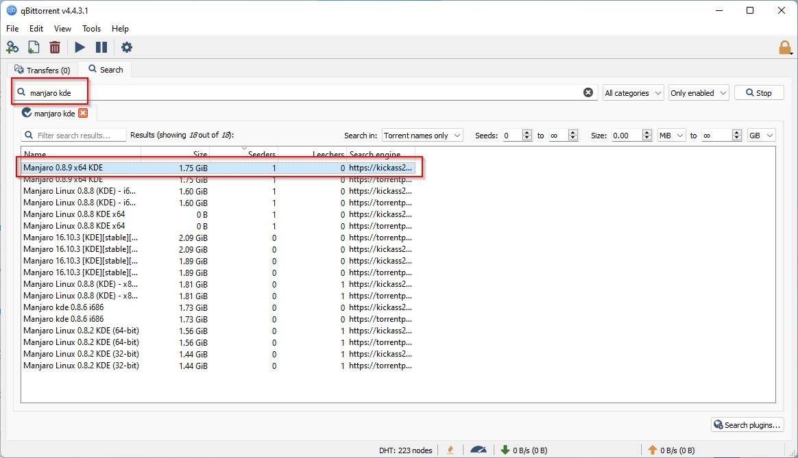 Поиск Manjaro KDE через плагины qBittorrent