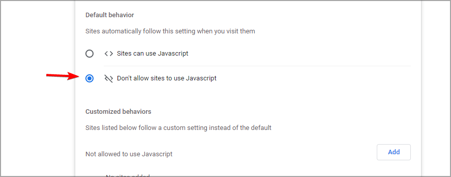 Снимок экрана: отключение JavaScript в Chrome