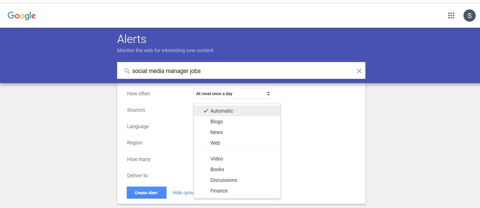 Выбор источников для оповещений Google Alerts