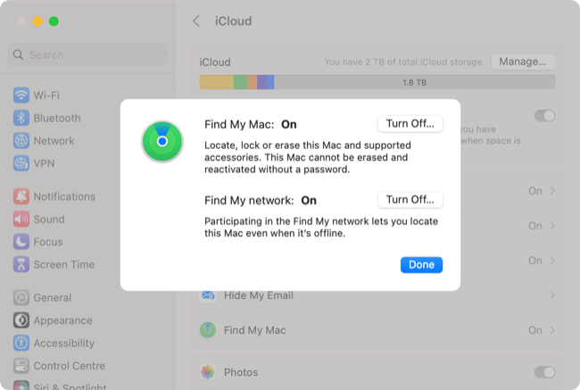 Отключение «Найти Mac» в Системных настройках macOS