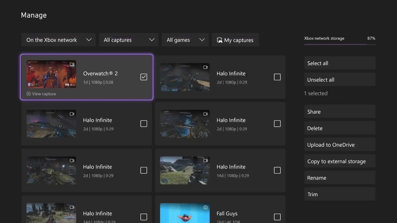 Скриншот доступных опций управления выбранным захватом в приложении Xbox Captures