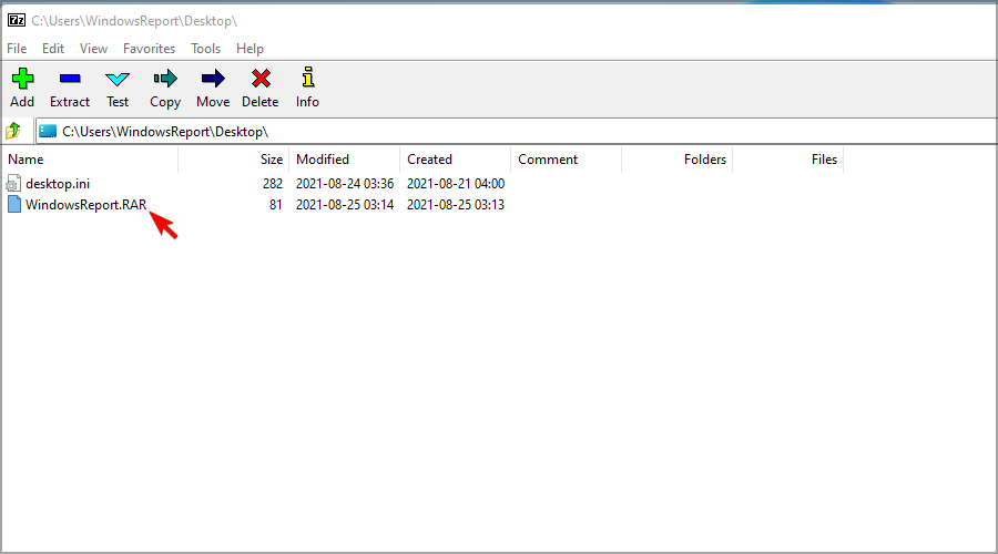 Окно 7-Zip с выделенным RAR-файлом