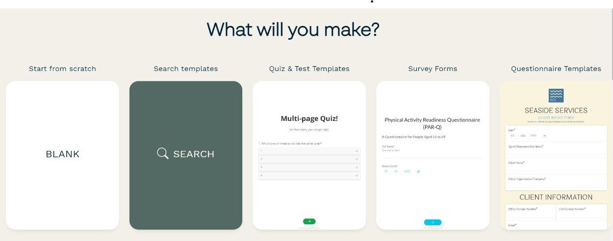 Скриншот панели шаблонов в Paperform.