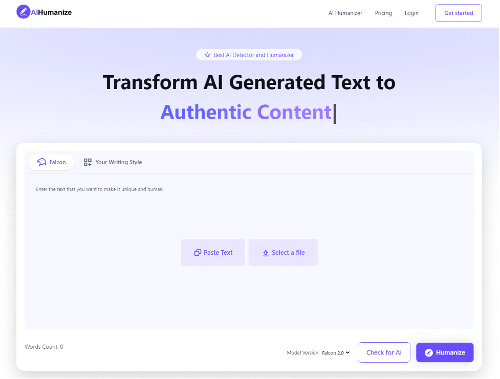 Иллюстрация: интерфейс AIHumanize.com с опцией загрузки файла и проверки