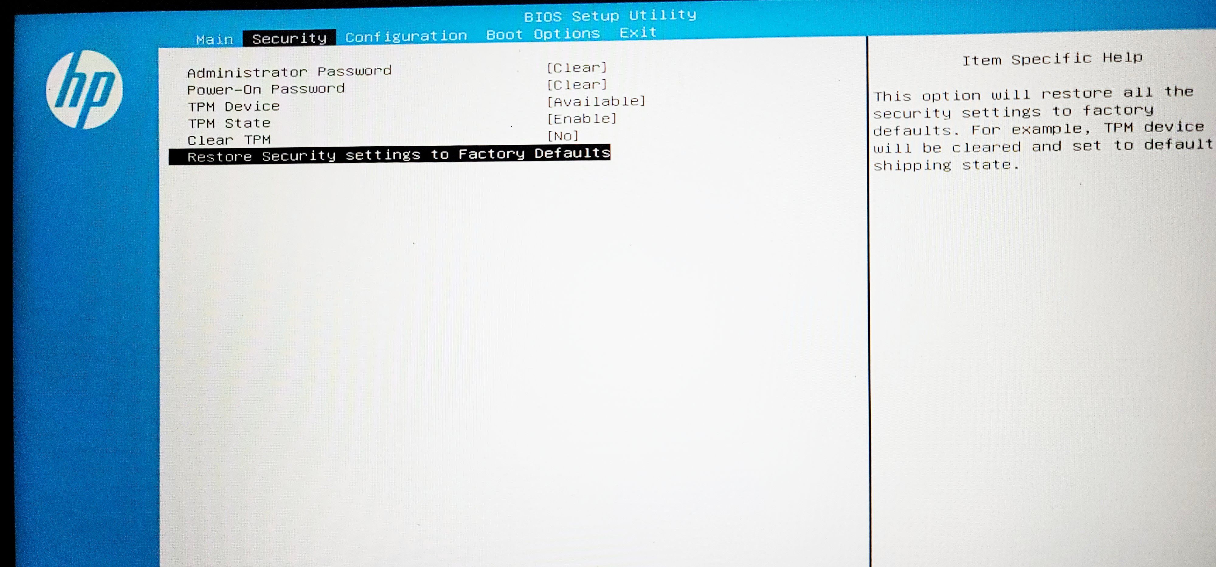 Восстановление настроек безопасности BIOS к заводским