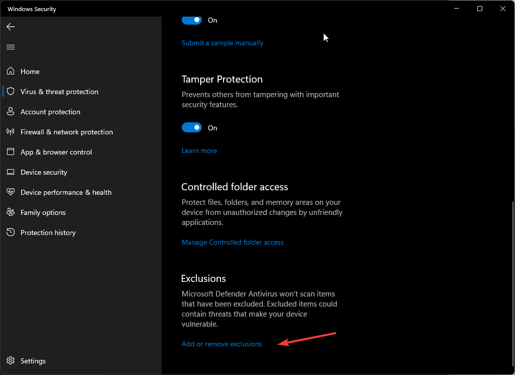 Добавление исключения