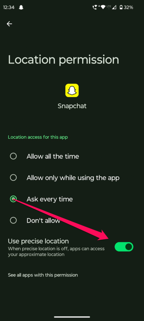 Параметры геолокации для Snapchat на iPhone