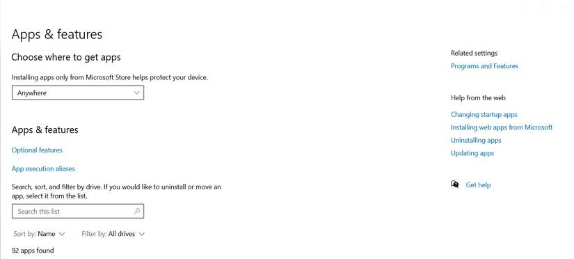 Пункт «Программы и компоненты» в разделе «Связанные параметры» Windows