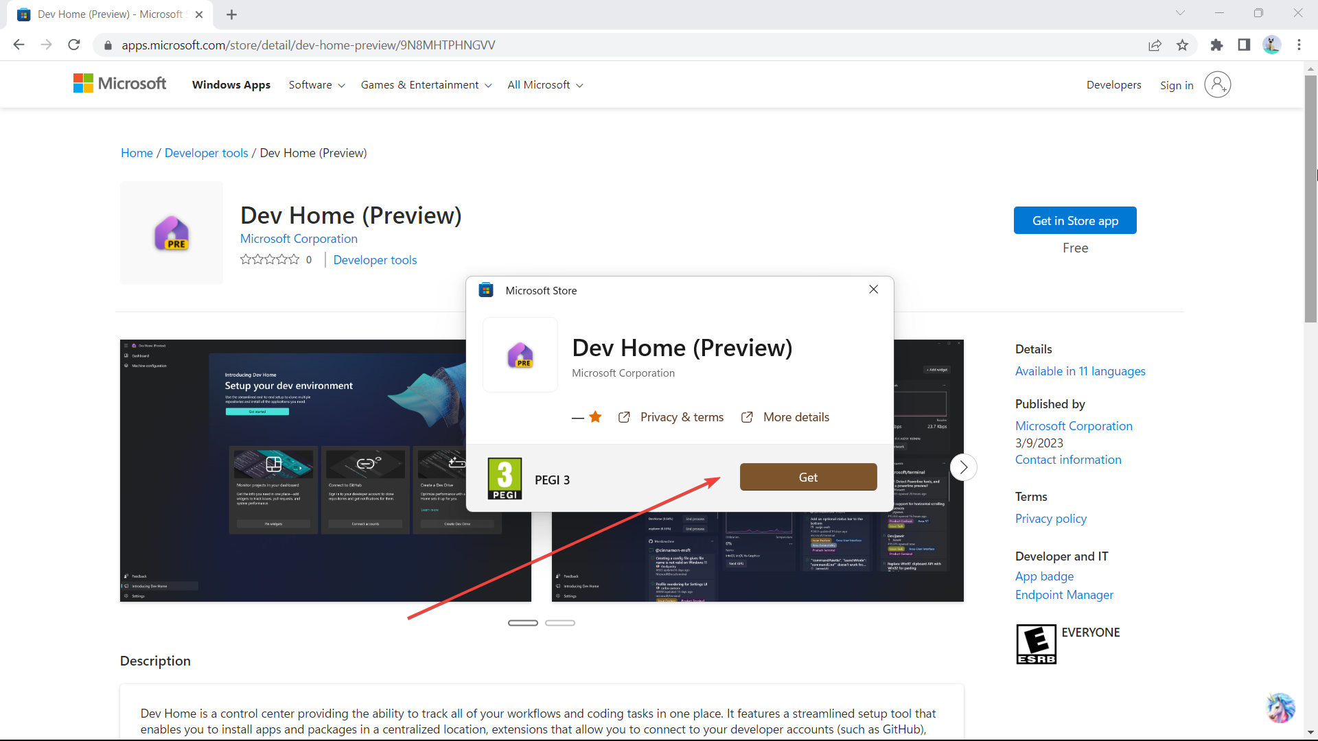 Кнопка «Получить» на странице скачивания Microsoft Dev Home