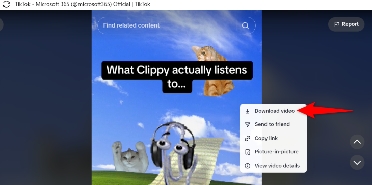 Пункт «Скачать видео» в меню плеера TikTok в десктопном приложении.