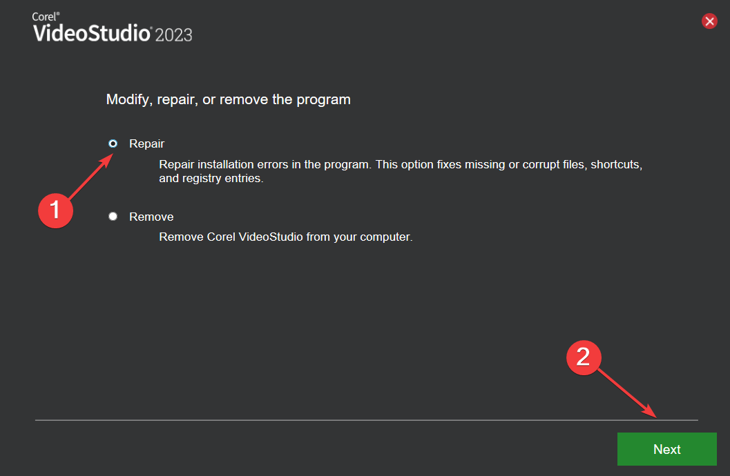 Мастер восстановления Corel VideoStudio — кнопка Repair