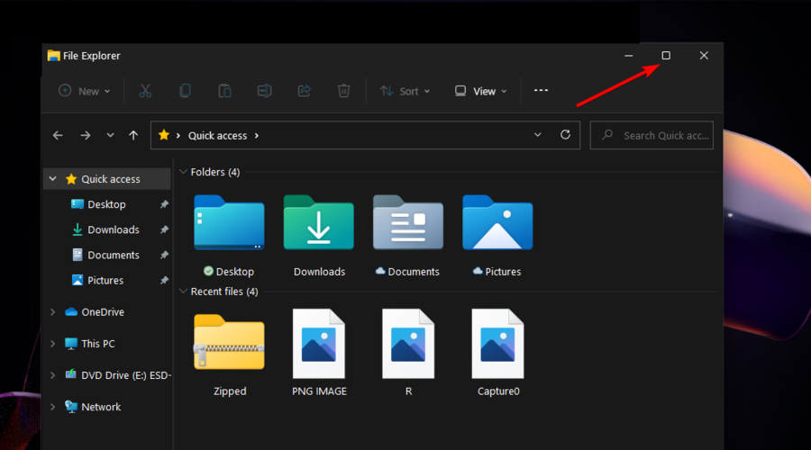 Курсор над кнопкой «Развернуть»: выбор макета Snap Layouts