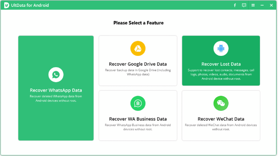 Screenshot: Tenorshare UltData erkennt Gerät und fragt nach Dateitypen