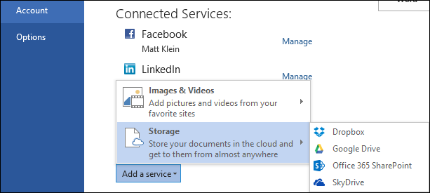 Окно «Добавить службу» в Office: выбор Dropbox