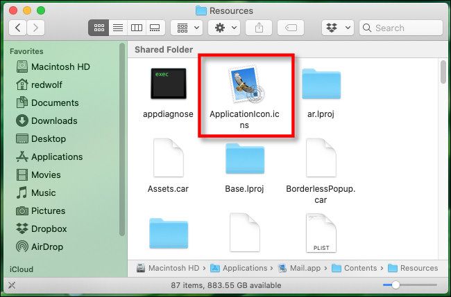 In the Mac Application package Recources folder, click the ApplicationIcon.icns file.