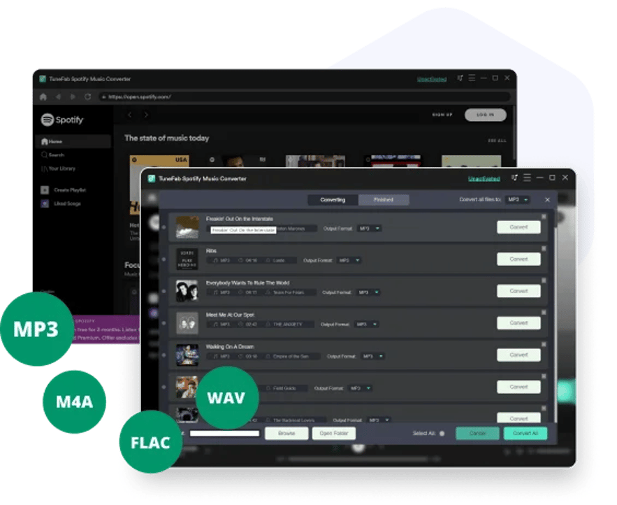 Интерфейс встроенного веб‑плеера Spotify внутри TuneFab