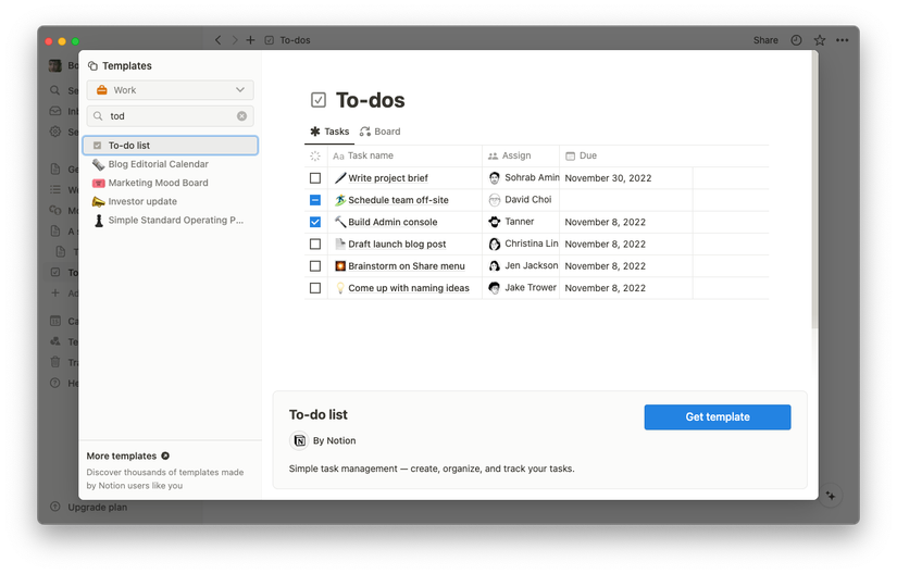 Страница To-do list в Notion, созданная из шаблона
