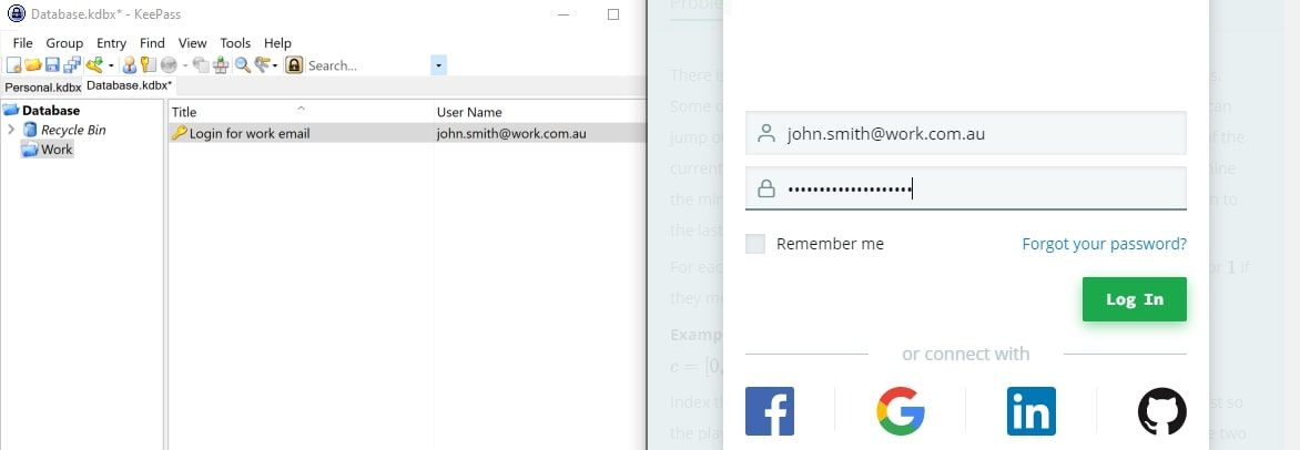 KeePass рядом с окном входа с активированным автозаполнением
