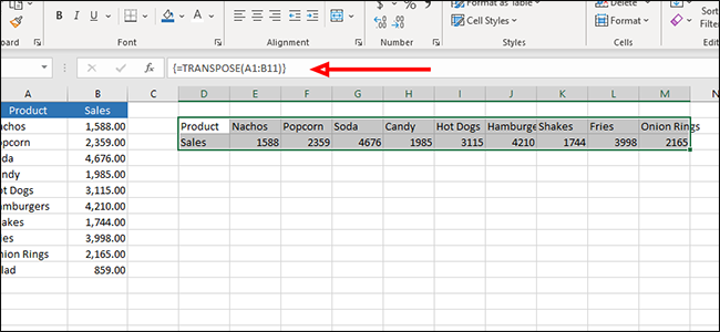 Строка формул с формулой транспонирования