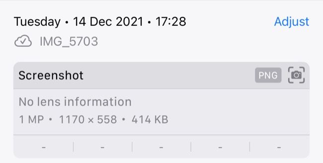 Информация в «Фото» для скриншота