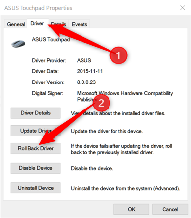 Перейдите на вкладку «Драйвер» и нажмите «Откатить драйвер»