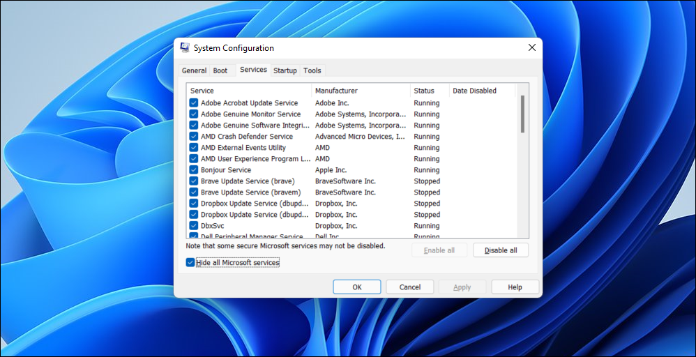 Скрыть службы Microsoft перед чистой загрузкой