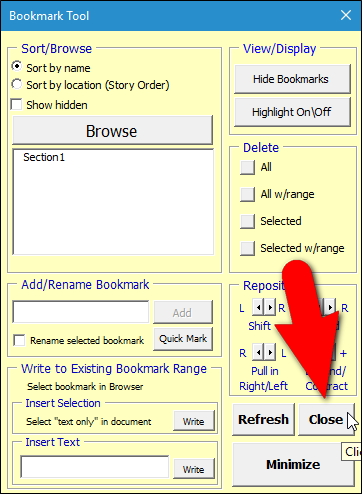 Закрытие диалога Bookmark Tool после переименования