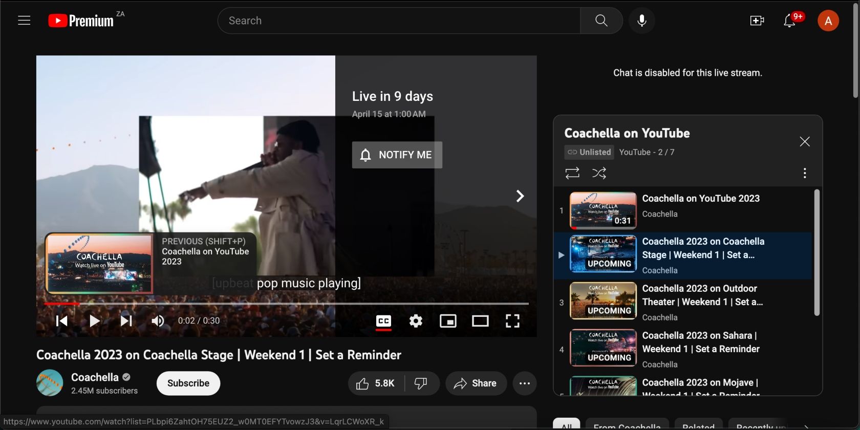 Страница Coachella на YouTube с вкладкой «В эфире»