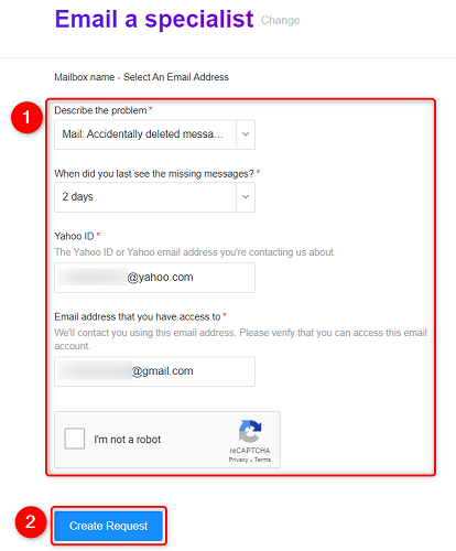 Форма запроса на восстановление писем.