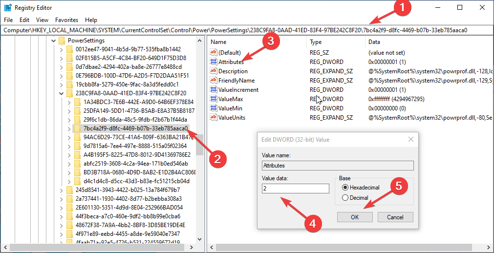 Изменение Attributes в реестре для отображения дополнительных настроек питания