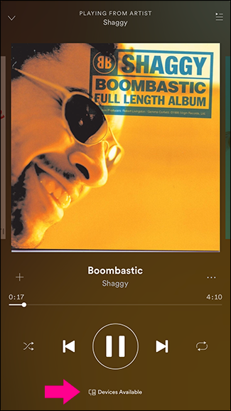 Просмотр устройств для воспроизведения в Spotify — пример списка с колонками Sonos