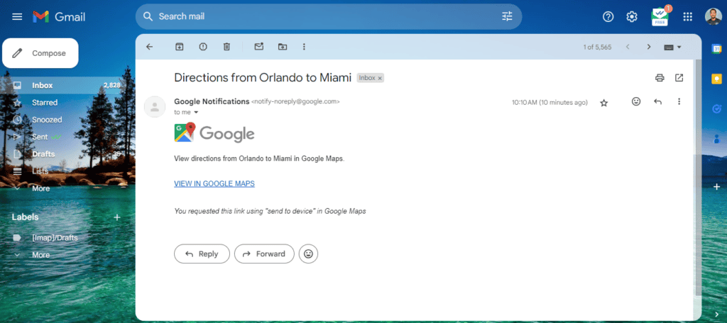 Открытие маршрута из письма в почтовом клиенте